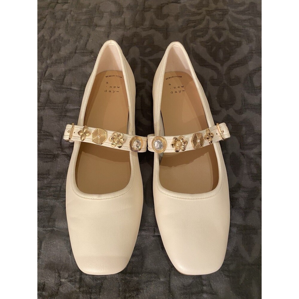 A New Day Rebecca Embellished Strap Mary Jane Flats Ivory Size 8